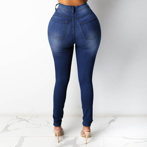 Womens Skinny Jean High Waist Elastic Comfort Casual Splicing High Waist Slim Pants Navy S