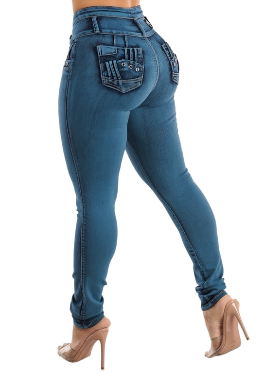 Womens Juniors Butt Lifting Mid Rise Stretchy Skinny Jeans Blue Acid Wash 10192C