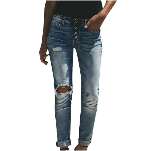 Womens Skinny Ripped Jeans Stretchy Mid Rise Buttons Straight Leg Denim Casual Slim Distressed Lounge Trousers