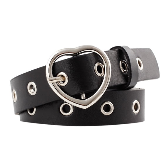 Womens Skinny Waist Belt with Heart Shaped Buckle and Hollow Eyelet Strap – Narrow Adjustable Belt for Jeans Pants Trousers and Dresses – Cute Casual Belt for Women Black