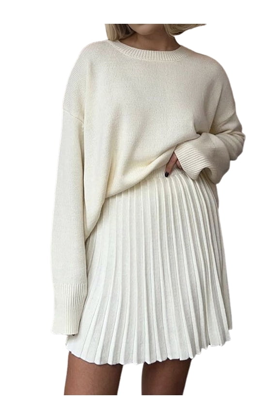 Womens Skirt 2 Piece Sweater Set Long Sleeve Crewneck Sweaters Pleated Mini Skirt Knit Lounge Sets White One size