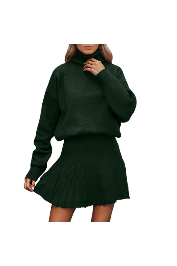 Womens Skirt 2 Piece Sweater Set Long Sleeve Crewneck Sweaters Pleated Mini Skirt Knit Lounge Sets