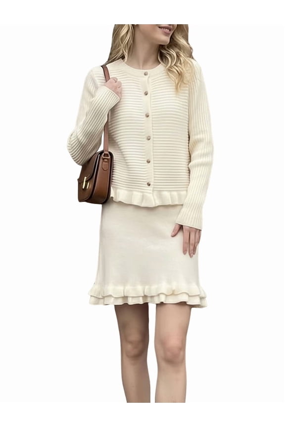 Womens Skirt 2 Piece Sweater Set Long Sleeve Sweaters Skirt Knit Lounge Sets Beige M