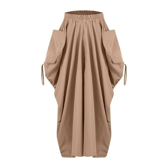Womens Skirt Bohemian Solid Color High-Waist Maxi Midi Skirt Casual Flowy Skirt Khaki L