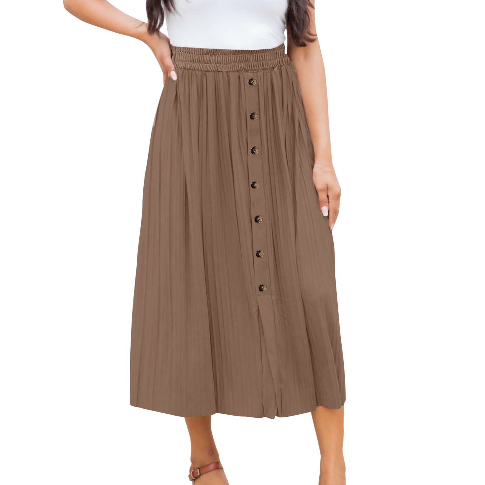 Womens Skirt Elastic Waist Party Shiny Accordion Pleated Midi  