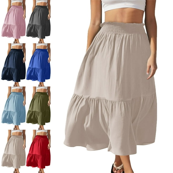 Womens Skirt Fashion Women‘s Solid Color Casual Elasticity High Waist Tiered Skirts Skirts for Women Khaki L