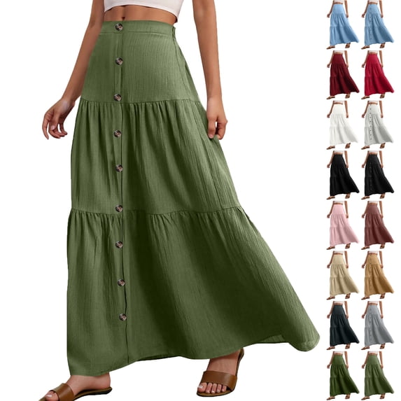 Lenago Women's Skirts Solid Color Button Decoration Casual Elastic High Waist Ruffled Ankle Length Skirts for Women