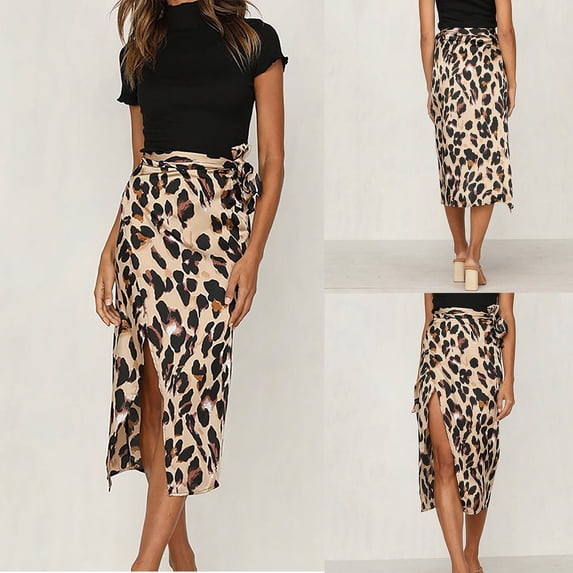 Womens Skirt Leopard Print Wrapped Chiffon Mid Length Skirts (Brown S)