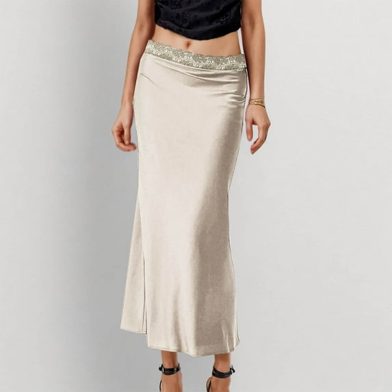 Womens Skirt Plus Size Lace Waist Satin Skirt Summer Solid Color Elegant A-Line Skirt Beige XL