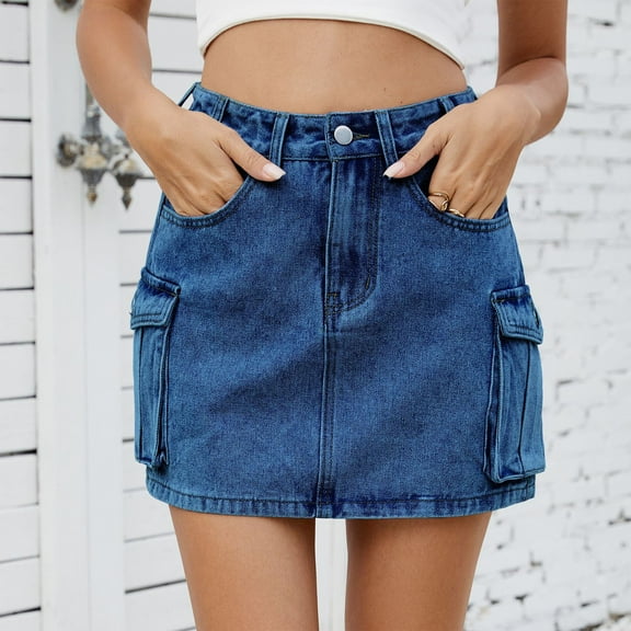 Womens Skirt Plus Size Solid Color Denim A-Line Skirt with Pockets Casual Short Skirt Dark Blue XL