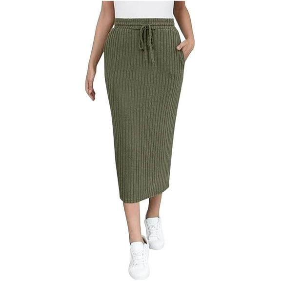 Womens Skirt Plus Size Solid Color Elastic Waist Tie Midi Skirt Casual Skirt Army Green XL