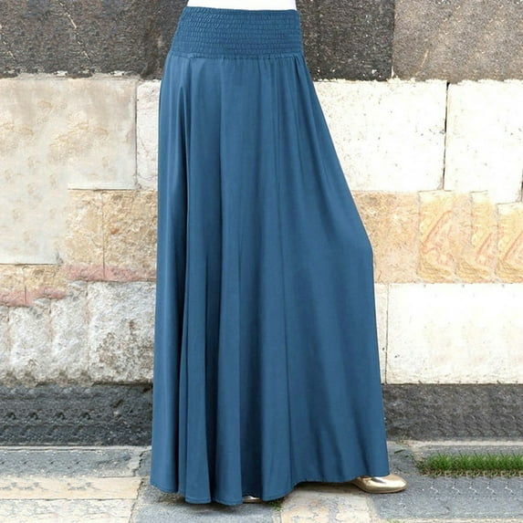 Womens Skirts Autumn Winter Solid Color Pleated Elastic Waist A Line Vintage Loose Maxi Skirt Streetwear