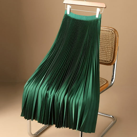 Womens Skirts Autumn Winter Solid Color Satin Pleated Loose Maxi Skirt Holiday Wear