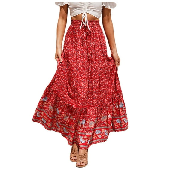 Womens Skirts Bohemian Beach New Lace Crochet Rayon Maxi with Placement Floral Print Womens Clothes Red M