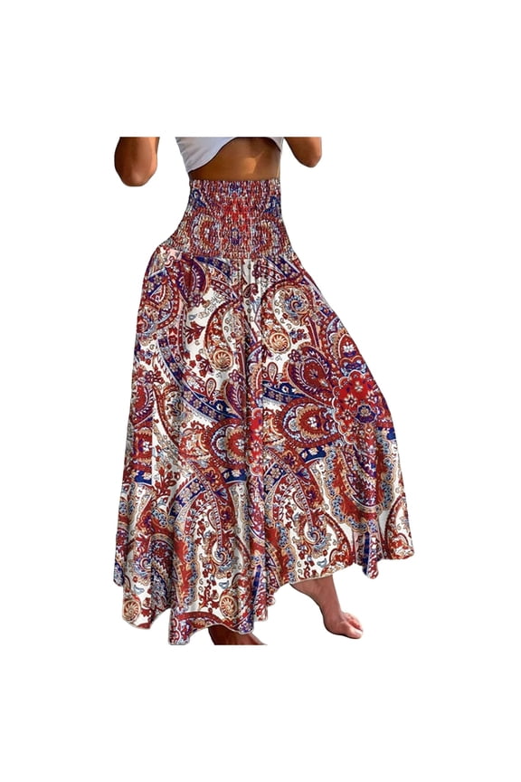 Womens Skirts Bohemian Lace Up Floral Print Long Skirt Female Loose Split Boho Womens Clothes Red XL