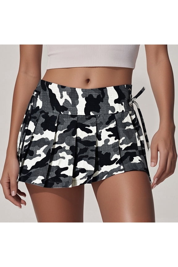 Womens Skirts Camo Trendy Pleated Tie Waist Zipper Low Rise Mini Party Street Slim Fit Bodycon Camouflage Skirt XL