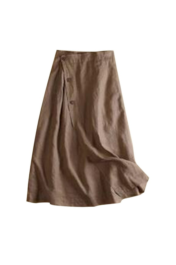 Womens Skirts Cotton Linen Midi Length Skirts Casual Button Elastic Waist Skirt