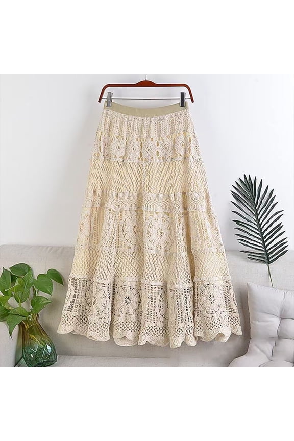 Womens Skirts Elegant Crochet Lace Midi Sheer Mesh Overlay Bohemian Flowy Line Elastic High Waisted Beige Skirt One Size