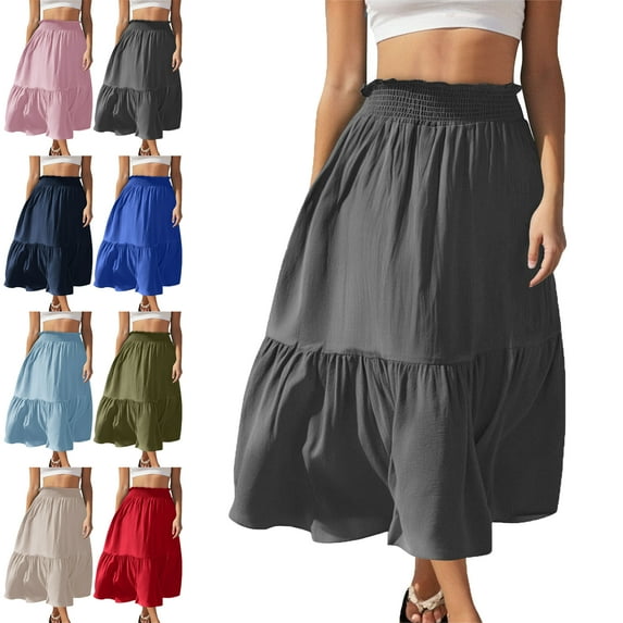 Womens Skirts Fashion Women‘s Solid Color Casual Elasticity High Waist Tiered Skirts Skirts for Women Trendy Dark Gray XL