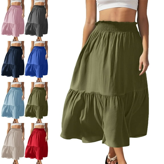 Womens Skirts Fashion Women‘s Solid Color Casual Elasticity High Waist Tiered Skirts Summer Skirts Army Green XL
