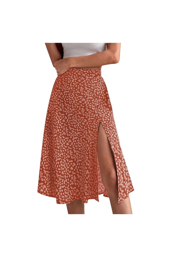 Womens Skirts Floral Half Body Split A Line Buttocks Wrapped Mid Waist Long Skirt Womens Summer Clothes Orange M