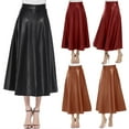 thumbnail image 1 of Womens Skirts Flowy Faux Leather High Waisted Solid A Line Pleated Ruffles Black Long Midi Length Casual Skirt L, 1 of 7