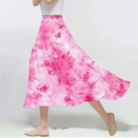 Womens Skirts Gradient Print A-Line Elastic Waist Flowy Casual Skirt Pink S