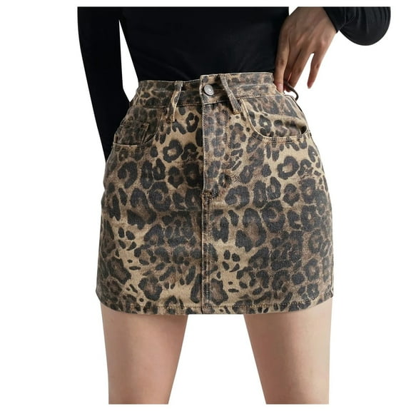 Womens Skirts High Waist Leopard Print A Line Mini Ruffled Denim Skater Skirt Summer Clothes for Women Khaki L