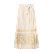 Womens Skirts High Waist Pleated Cheongsam Mid Length Qipao Traditional Satin Texture Ladies Skirt Daily-Wear