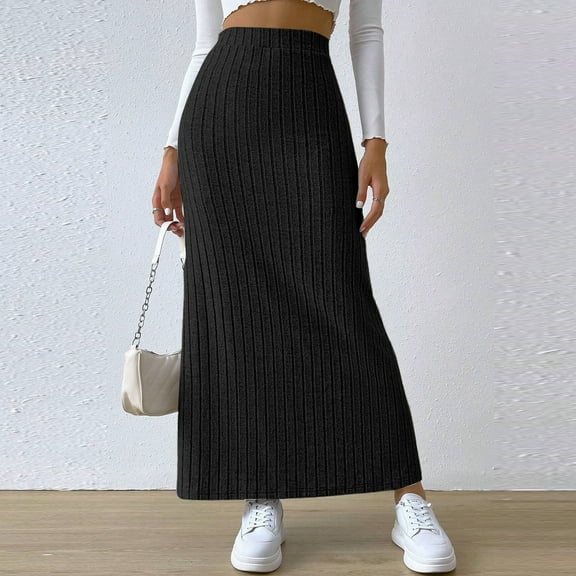 Womens Skirts High Waist Stretchy Rib Knit Split Slit Hem Midi Pencil Skirt Holiday-Wear