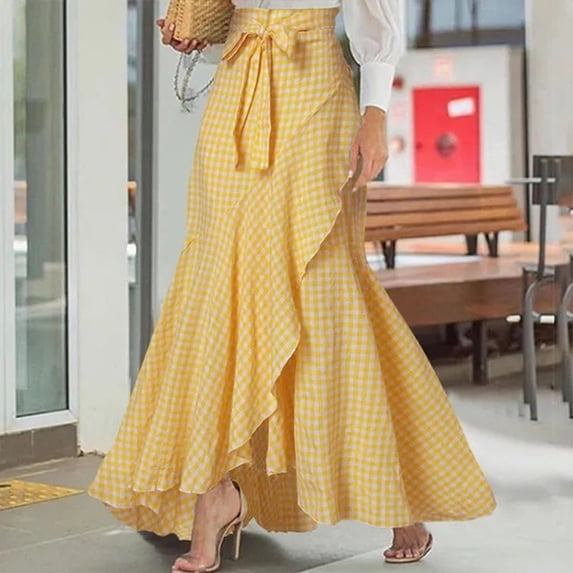 Womens Skirts High Waisted Casual Plaid Maxi Line Irregular Ruffle Hem Fishtail Long Yellow Skirt XXL
