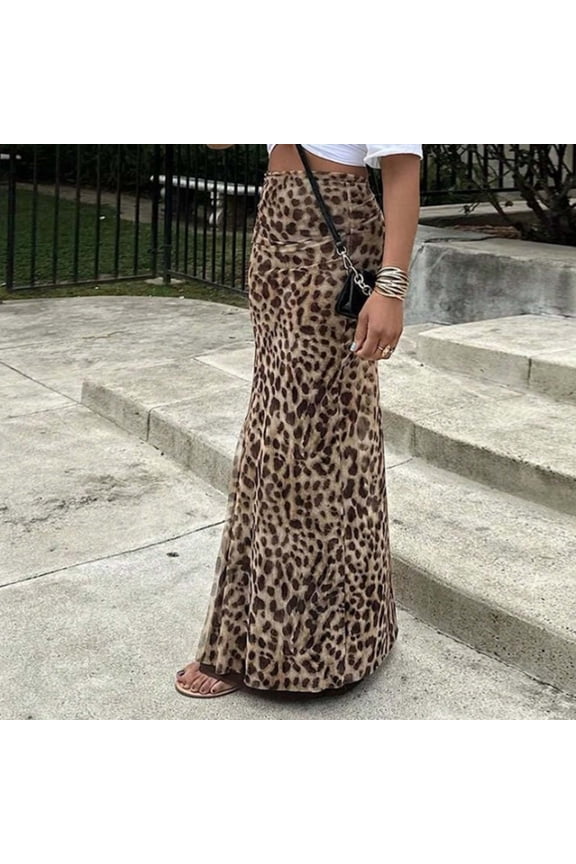 Womens Skirts High Waisted Long Leopard Print Comfortable Stretchy Flowy Midi Spring Summer Fall Brown Skirt L