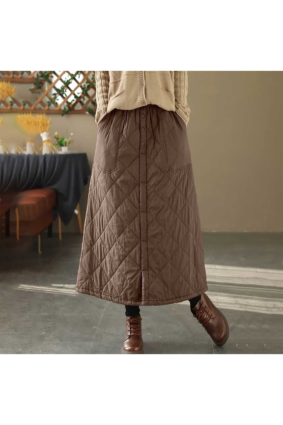 Womens Skirts High Waisted Winter Plaid Quilted Midi Pockets Warm Insulated Line Casual Coffee Skirt XL