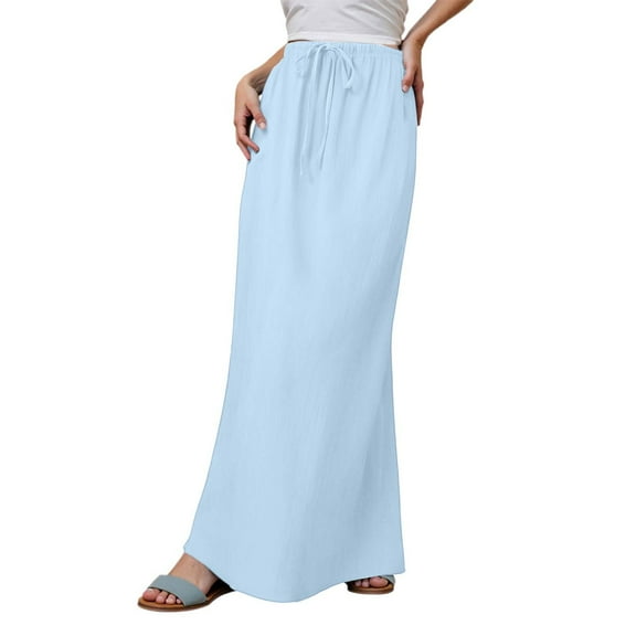 Womens Skirts Linen Maxi Trendy Summer Drawstring Waist A Line Cute Boho Long Flowy Womens Summer Clothes Light Blue S