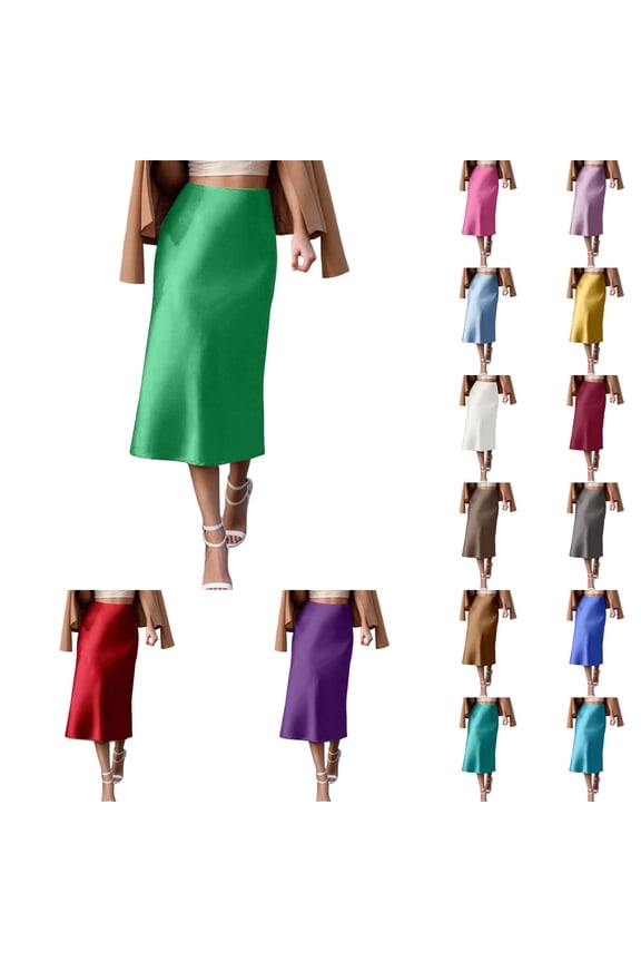 Womens Skirts Midi Length High Waisted Satin Silk Business Skirt Solid Color Slim Green Skirt