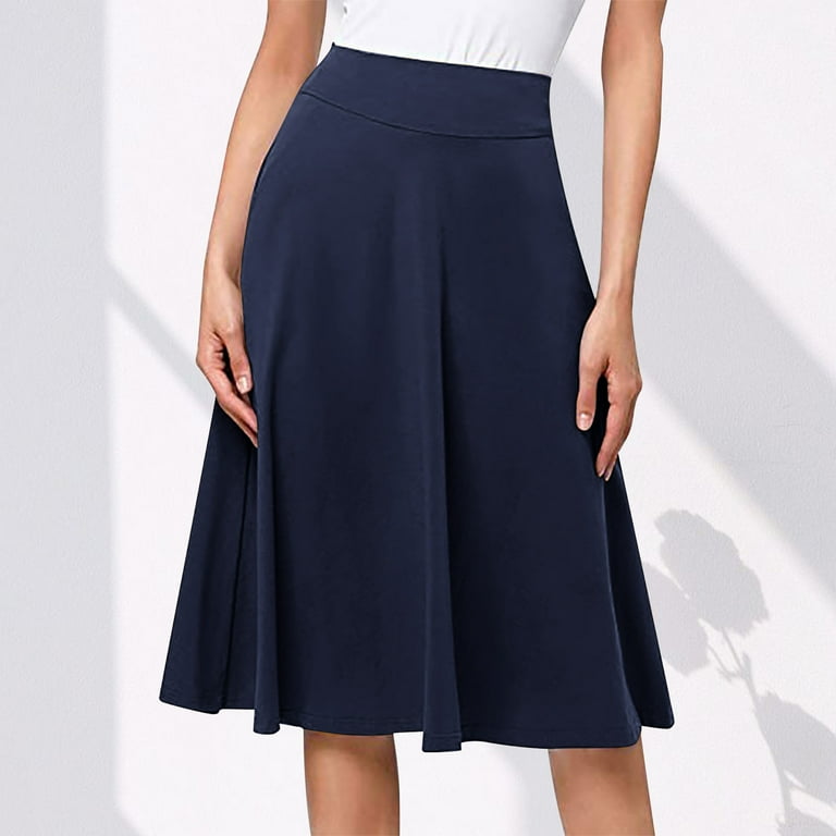 Womens Skirts Midi Length Plus Size Clearance High Waist Stretch Flared Pleated Knit Mid Length Version Skirt Dark Blue 3XL