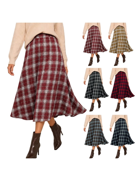 Womens Skirts Midi Plaid Maxi Skirts for Women Elastic High Waist with Pockets A Line for Fall Tartan Clothes Flowy
