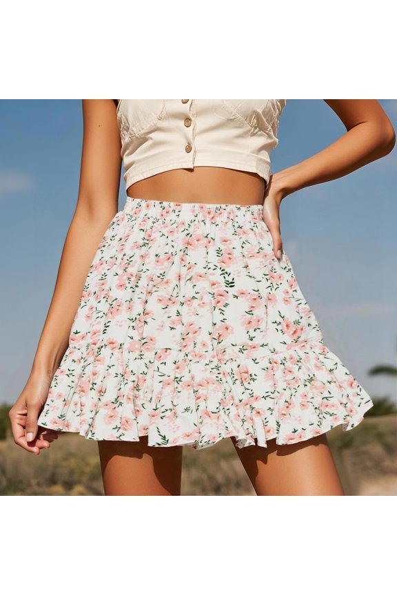 Womens Skirts Mini Flowy Ruffle Hem Bohemian Flared Line High Waisted Casual Floral Print Pink Skirt L