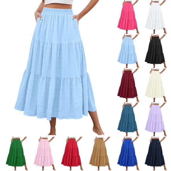 Womens Skirts Plus Size Skirts Summer Solid Color Casual Skirt for Women Long With High Waist And Long Skirt With Pockets And Half Skirt, Light Blue-XXL