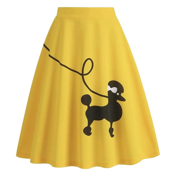 Womens Skirts Poodle Print Casual Line Flowy Midi Elastic Waistband Pleated Ruffle Summer Yellow Skirt L