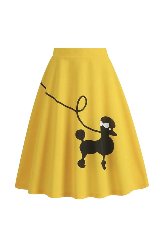 Womens Skirts Poodle Print Casual Line Flowy Midi Elastic Waistband Pleated Ruffle Summer Yellow Skirt L