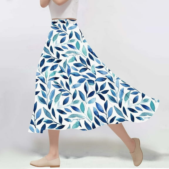 Womens Skirts Print A-Line Elastic Waist Flowy Casual Skirt Blue S