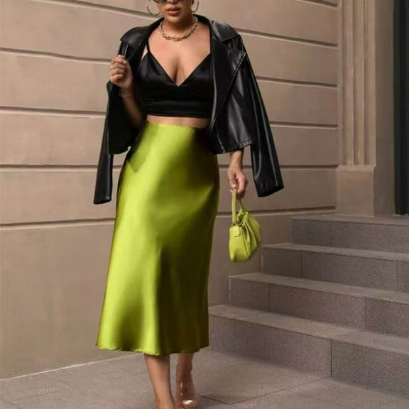Womens Skirts Solid Color Satin High Waist Mid Length Slim Skirt Holiday Wear