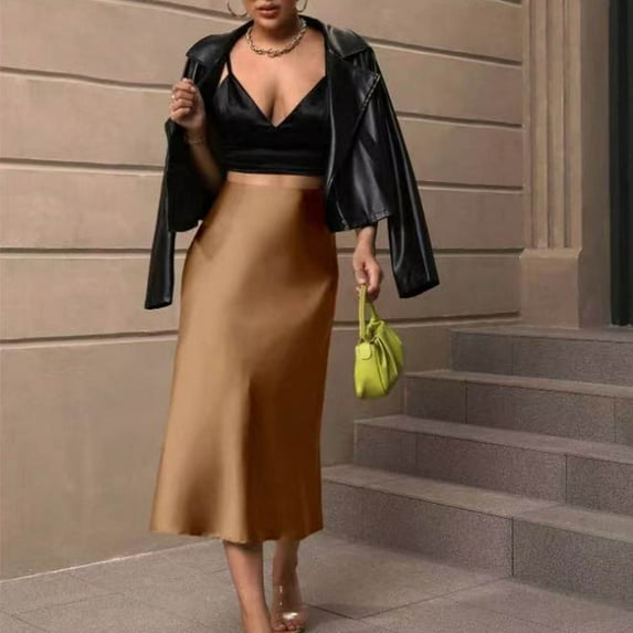 Womens Skirts Satin Slim Skirt Solid Color Mid Length Fishtail Skirt Holiday-Wear