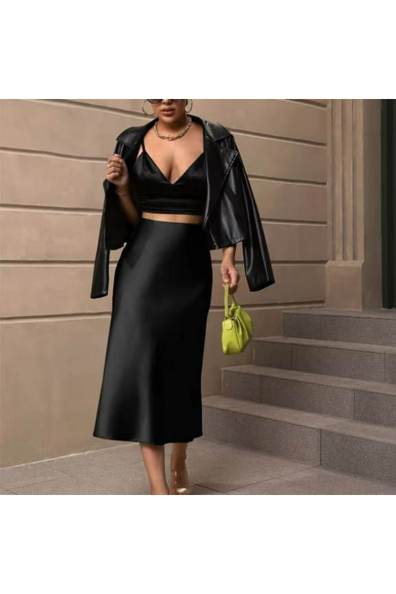 Womens Skirts Satin Slim Skirt Solid Color Mid Length Fishtail Skirt Outwear