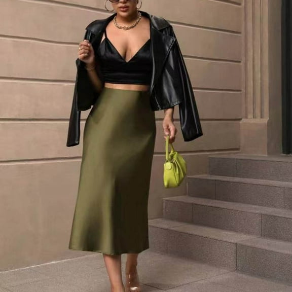 Womens Skirts Satin Slim Skirt Solid Color Mid Length Fishtail Skirt Workwear