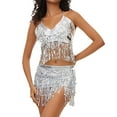 thumbnail image 1 of Womens Skirts Solid Color Belly Dance Bra Top Chest Fringe Skirt Holiday Wear,Silver,One Size, 1 of 6