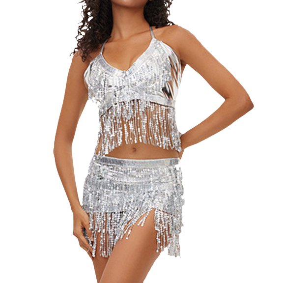 Womens Skirts Solid Color Belly Dance Bra Top Chest Fringe Skirt Holiday Wear,Silver,One Size