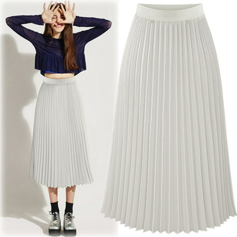 Womens Skirts Solid Color Pleated Elegant Midi Elastic Waist