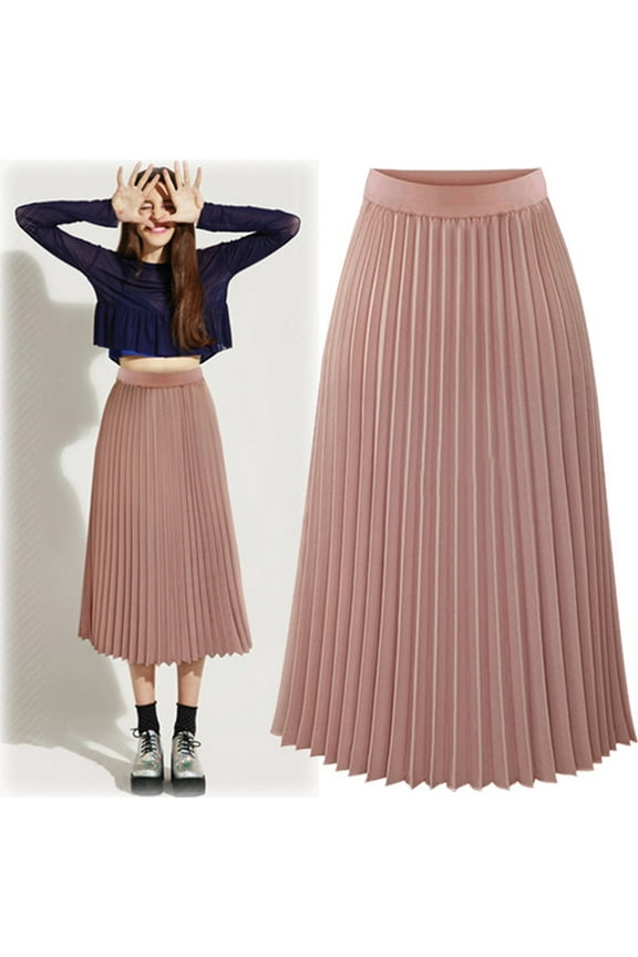 Womens Skirts Solid Color Pleated Elegant Midi Elastic Waist Maxi Skirt Workwear